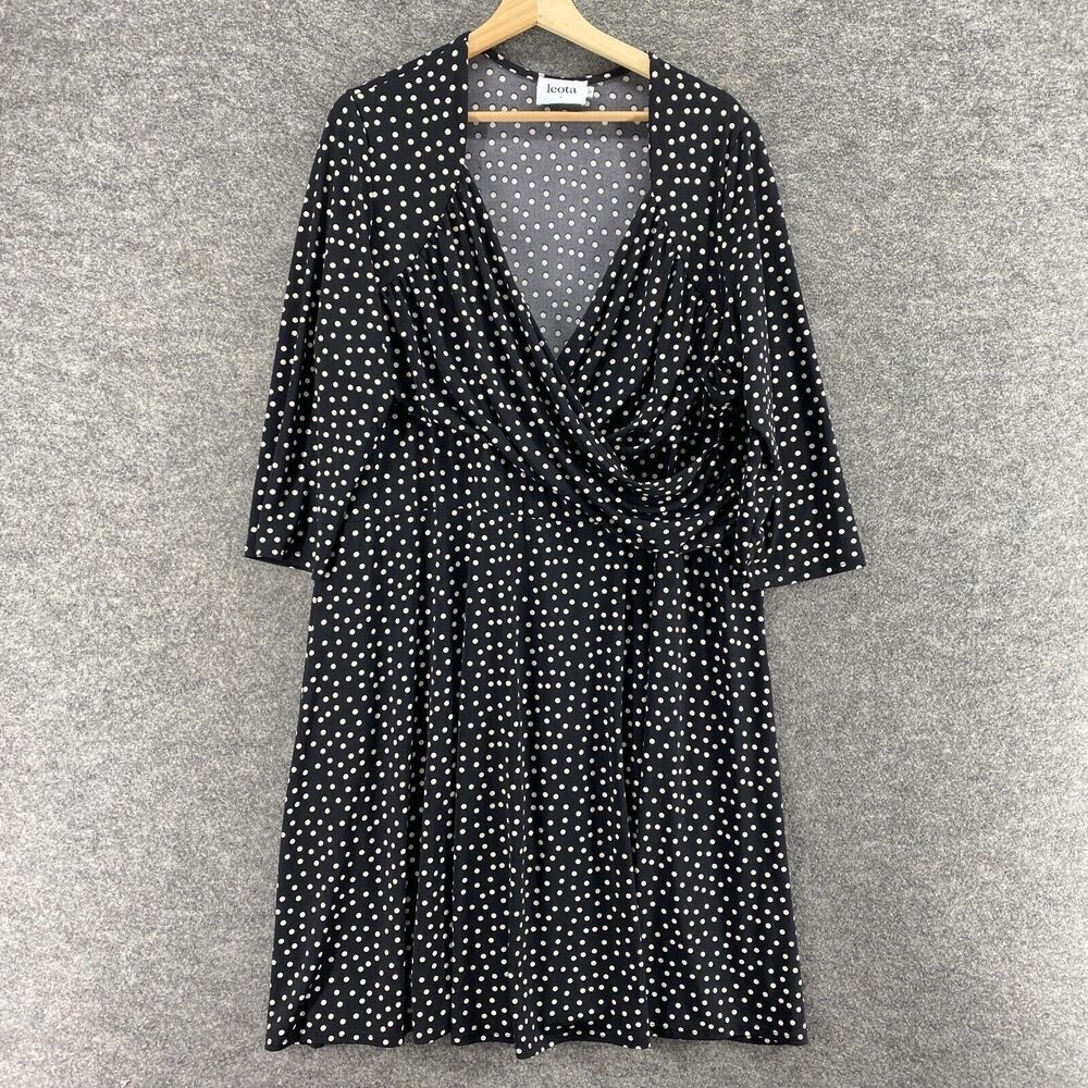 Leota Dress Women L Large Black Polka Dot V-Neck Long Sleeve Shift Midi Casual